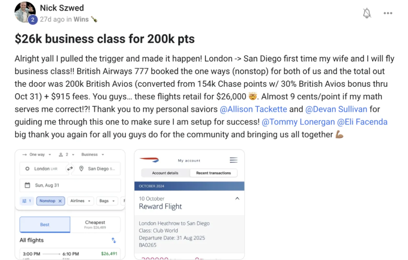 Nick Szwed — $26k business class for 200k pts